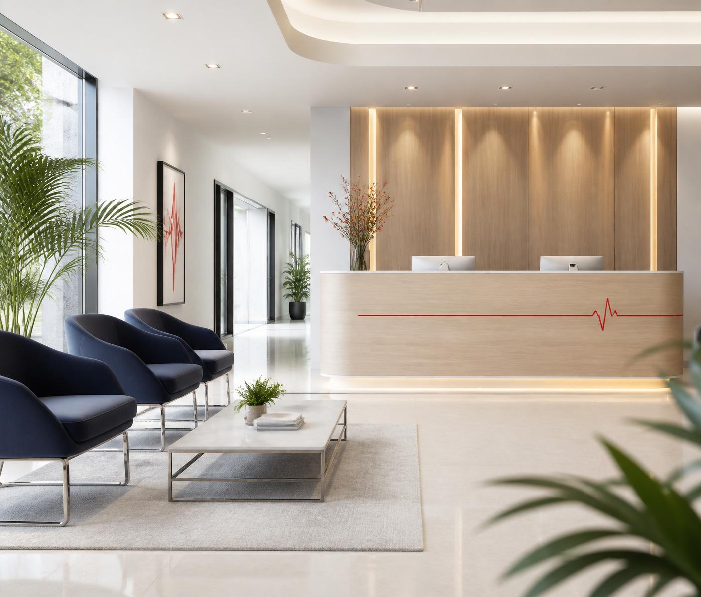 Recepție elegantă și primitoare într-o clinică modernă de cardiologie.